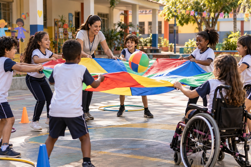 Crianças participam de brincadeira cooperativa e inclusiva no pátio da escola durante o Dia das Crianças