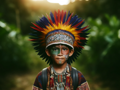 Criança indígena com pintura facial e cocar colorido.