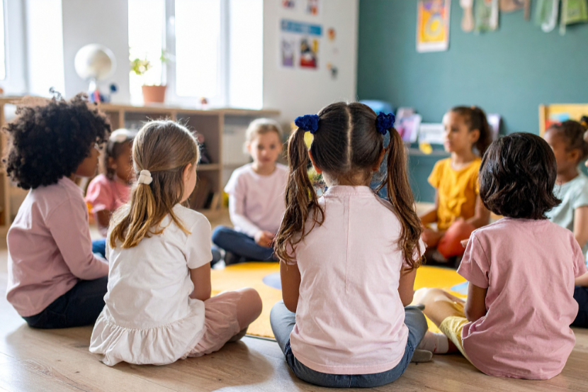 crianças reunidas em roda na sala de aula
