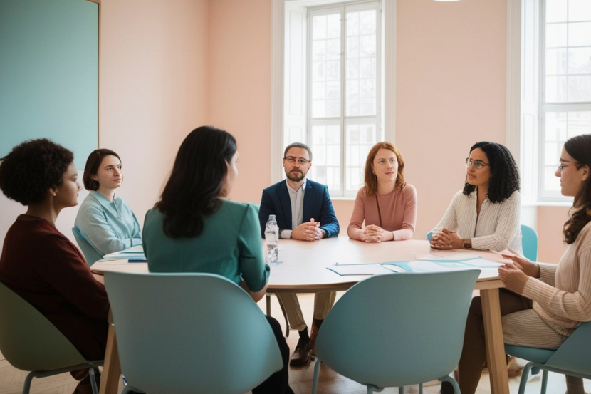 pessoas reunidas na mesa em reunião de pais