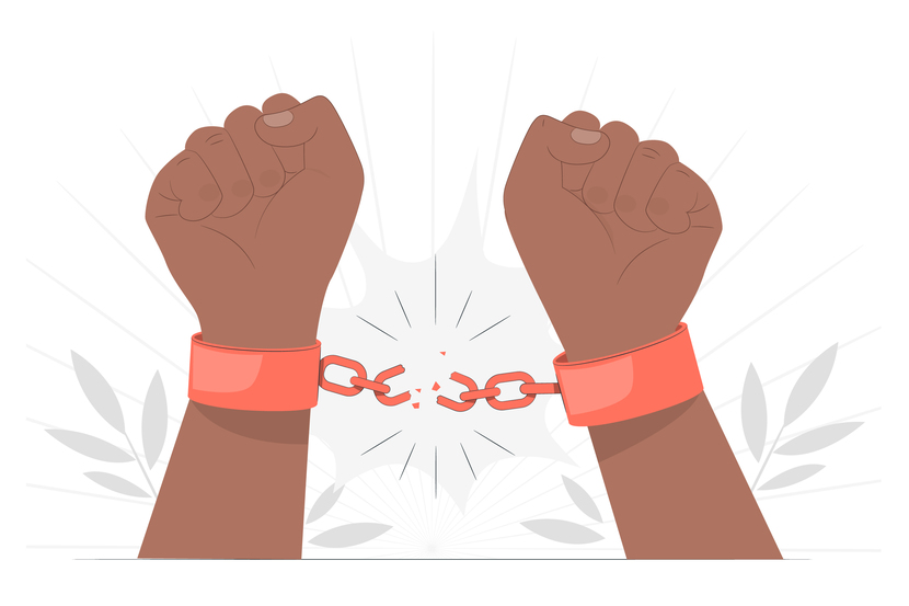 Mãos negras com correntes quebradas que representam a abolição da escravatura.