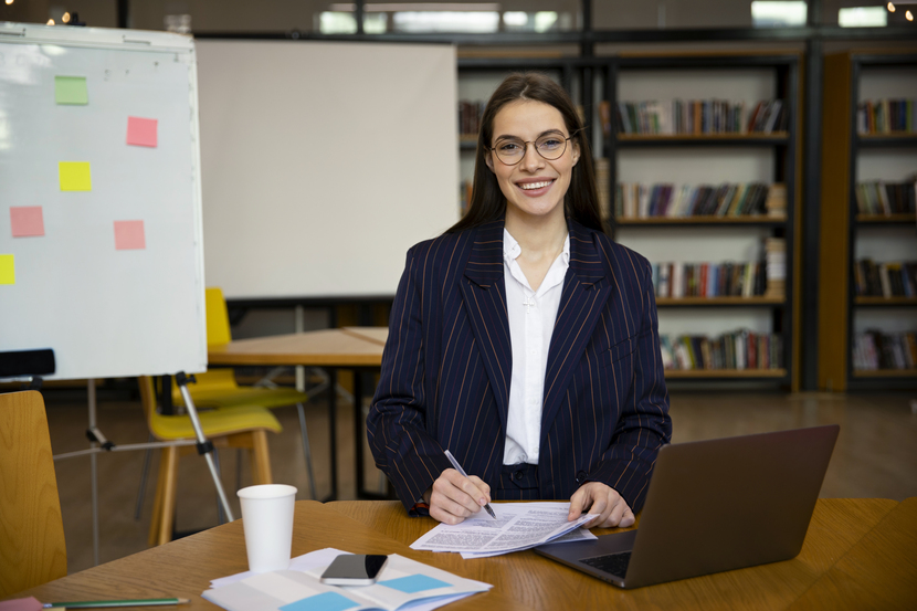 Diretora de escola sentada negociando compra e venda de escolas