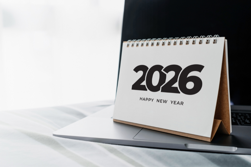 calendário 2026 com mensagem de feliz ano novo