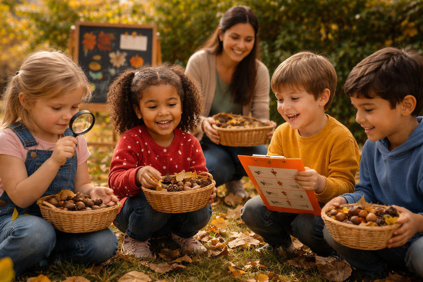 crianças colhendo recursos da natureza em atividades de outono para escolas