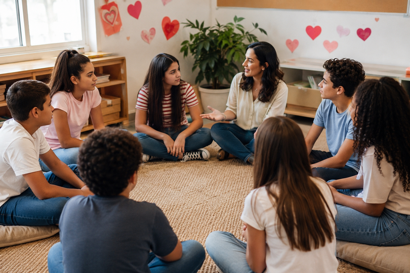 alunos maiores em uma roda de conversa no dia dos namorados na escola