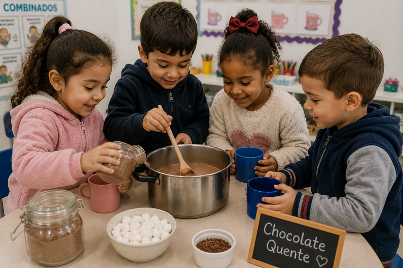 crianças preparando chocolate quente como atividades escolares sobre inverno
