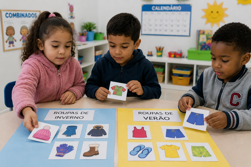 crianças trabalhando atividade de separação de roupas de verão e inverno em sala de aula