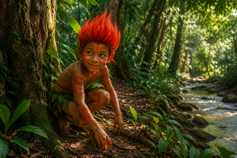 figura infantil do curupira na mata