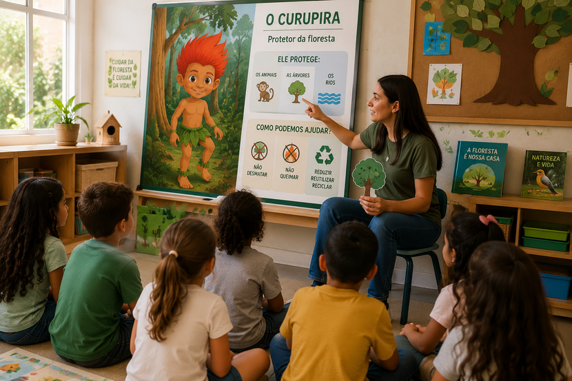 professora ensinando sobre o dia do curupira na escola
