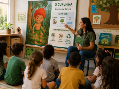 professora ensinando sobre o dia do curupira em sala de aula