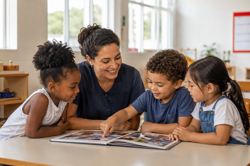 Educadora e crianças observam um álbum de fotos infantil com registros de atividades escolares