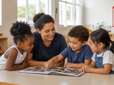 Educadora e crianças observam um álbum de fotos infantil com registros de atividades escolares.