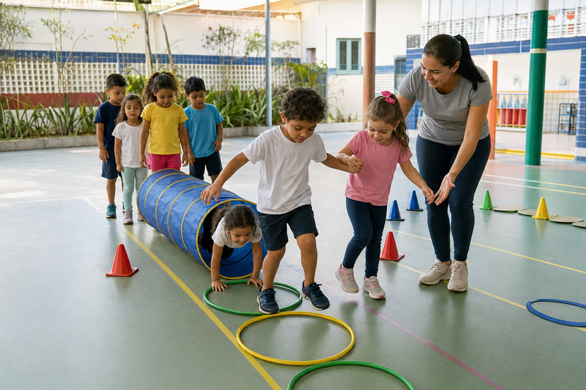 Crianças participam de circuito motor cooperativo como atividade para o Dia do Soldado na Educação Infantil