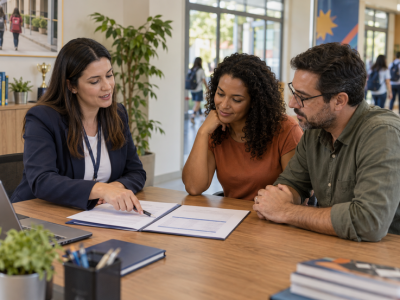 Gestora de escola particular explica a taxa de matrícula escolar e as condições do contrato a pais de aluno