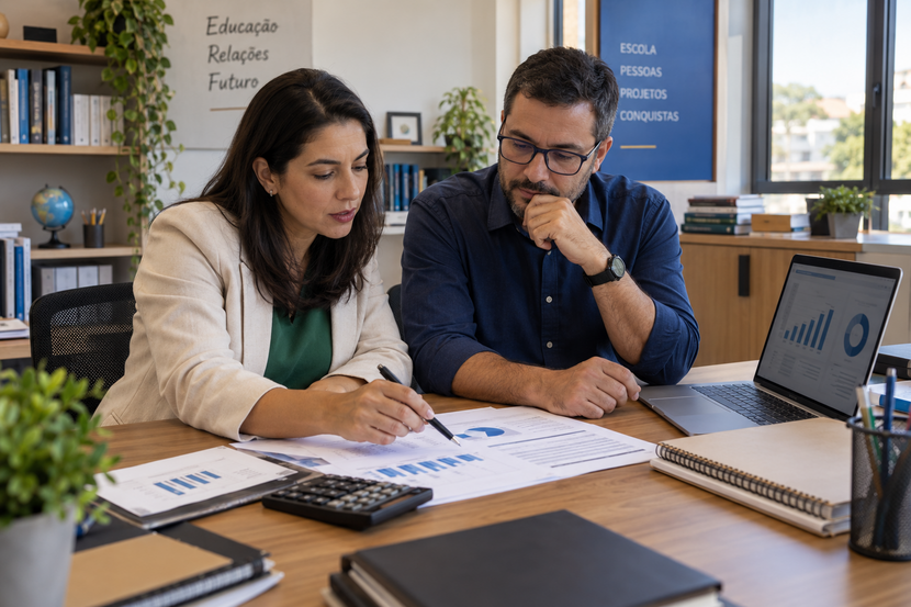 Gestores escolares analisam o planejamento financeiro e os valores da matrícula escolar